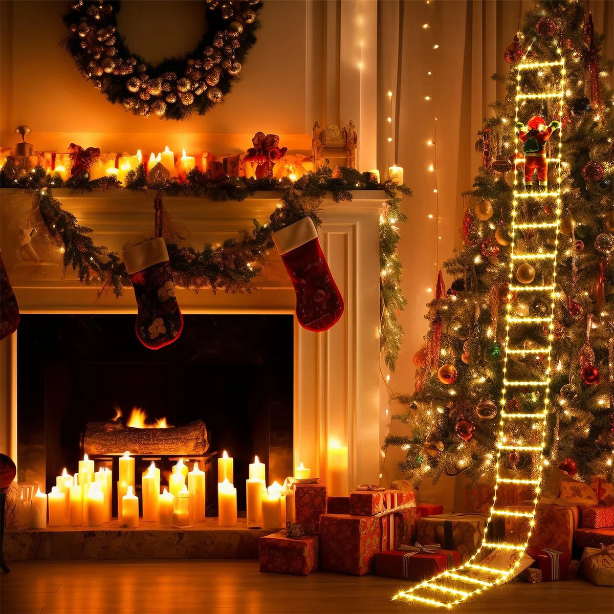 Papai Noel Escada de Escalada com Luz Quente